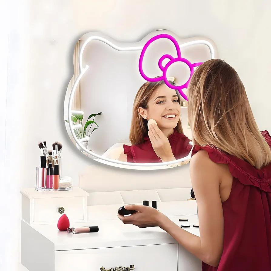 Hello Kit Neon Sign Mirror 18.1" x 16.1" Anime Cat Neon Mirror Makeup Wall Mirror with Dimmable Kawaii Cat Vanity Mirror for Bedroom,Game Room,Kids Birthday Xmas Easter Gift