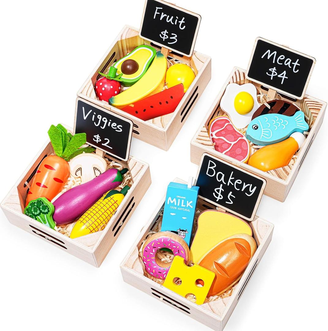 Food Groups - 20 Wooden Play Food Sets & 4 Crates & 4 Mini Blackboard & 15 Play Money, Pretend Toy Food Kitchen Accessories for Toddlers & Kids Ages 3+