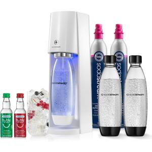 SodaStream E-TERRA Sparkling Water Maker Bundle (White), with CO2, Carbonating Bottles, and bubly Drops Flavors