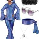 Jexine 70s Women Disco Outfit Costume Disco Party Top Pants Sunglasses Ball Necklace Earring Wig for Halloween New Year Eve (XX-Large, Purple)