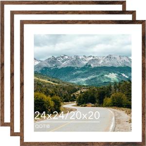 Wood 24x24 Picture Frame with 20x20 Mat Deep Brown, Display 20x20 with Mat or 24x24 without Mat, Wood 24 by 24 Photo Frame, 24 x 24 Frame for Wall Hanging Display, Deep Brown, 3 Pack