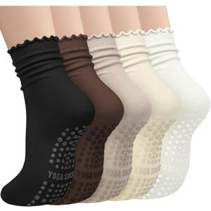 5 Pairs Pilates Socks with Grips for Women, Non Slip Cotton Ruffle Yoga Socks for Barre Workout Hospital