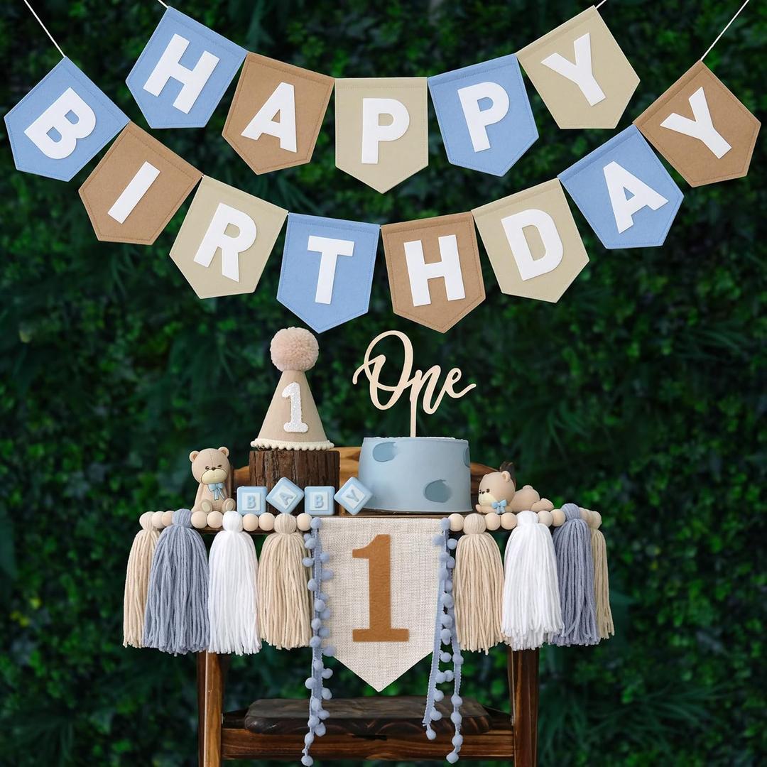 Felt Khaki Blue Happy Birthday High Chair Banner Pre-Strung Birthday Hanging Decoration For 1st Birthday Decorations Boy