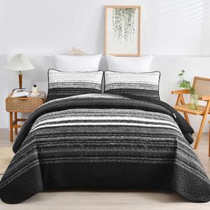 DJY Black Striped Quilt Set King Size, Boho Stripe Patchwork Bedspread Coverlet Set Soft Microfiber Quilt Bedding Set 3 Pieces for All Season(104"x90")