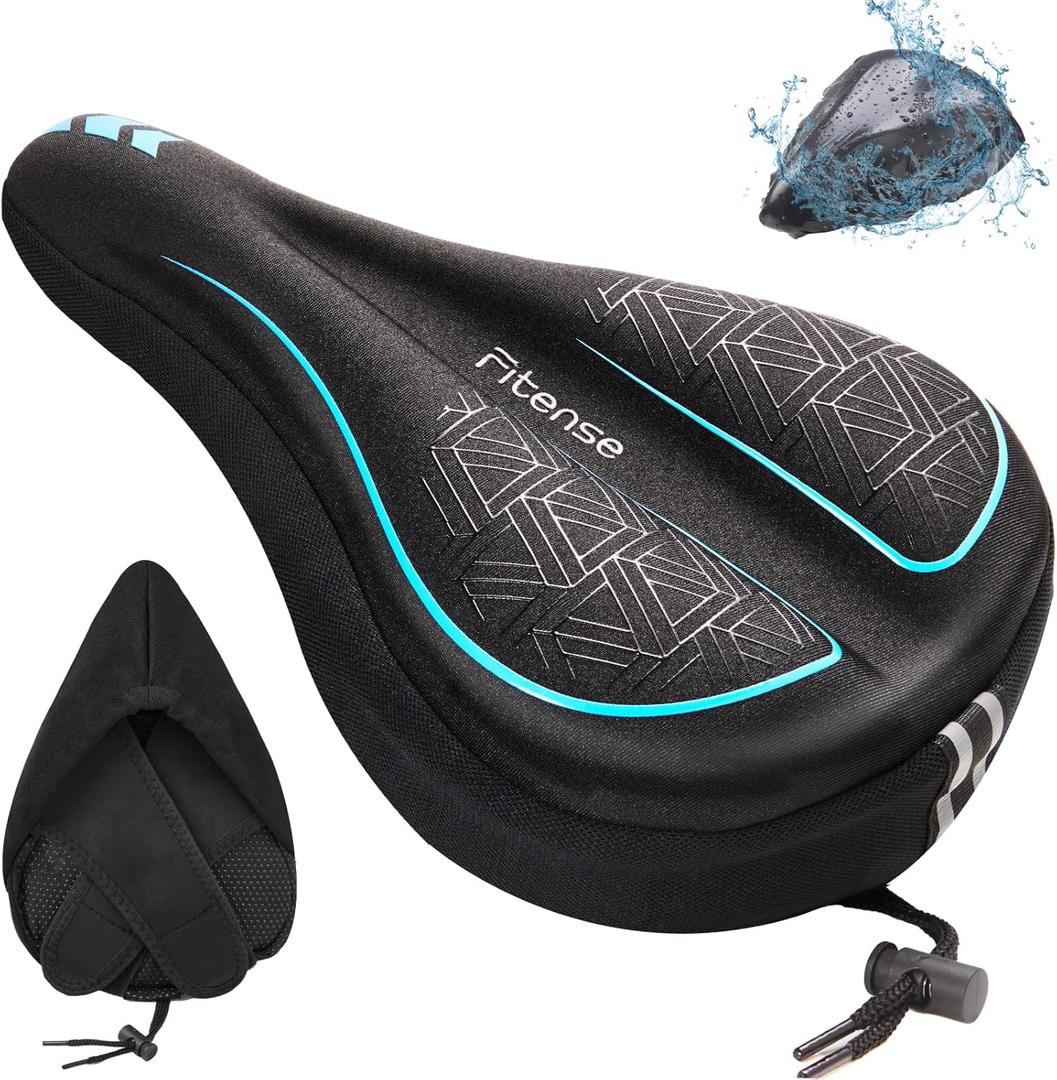 Bike Seat Cushion, Gel Padded Bike Seat Cover for Men Women, Extra Soft Exercise Bicycle Cushion Fit for Peloton, Spin Stationary Exercise, Cycling Bike with Adjustable Vel-co Secure (Blue)