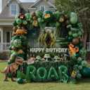 Dinosaur Birthday Decorations with Hunter Green Brown balloon arch & small T-Rex Foil balloons & backdrop Sign & Artificial Palm Leaves for Boys Jungle Safari Dino ROAR Party Supplies (Green Brown)