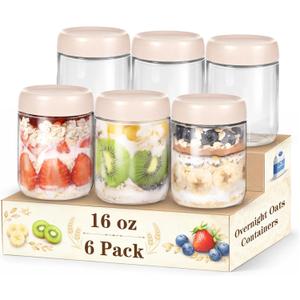 Overnight Oats Containers with Lids, 16oz Glass Storage Containers with Lids, Wide Mouth Mason Jars, Glass Jars with Airtight Lids for Salad, Yogurt, Chia Seed, Pudding, Meal Prep 6-Pack (Beige)
