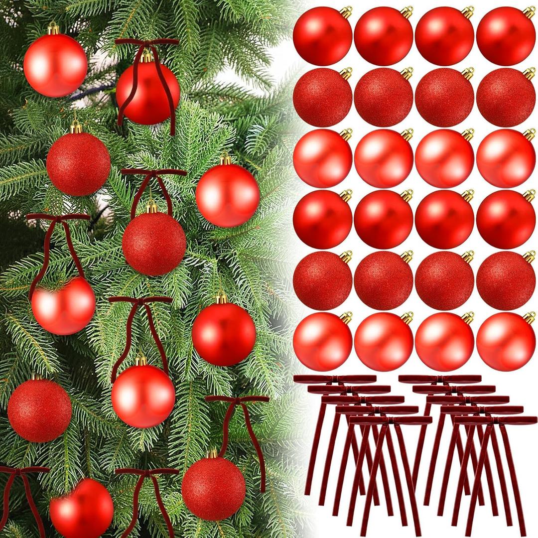 Liliful 30 Pcs Red 2.36'' Christmas Balls Ornaments with 30 Pcs Velvet Bows for Christmas Tree Shatterproof Plastic Hanging Ornaments Decorations for Holiday Wreath Indoor Outdoor Party Decor