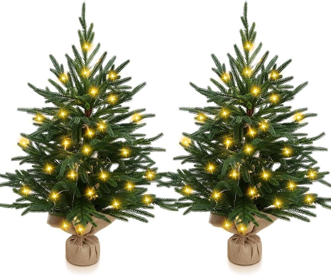 Lyrow Artificial Norfolk Pine Tree 24 Inch Tabletop Christmas Tree Small Light Up Norfolk Pine with 30 Beads for Holiday Party Indoor Outdoor Home Table Fireplace, Entryway Decorations((2 Pcs)