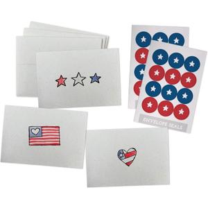 Patriotic American Greeting Cards Set - 24 Note Cards with Envelopes & Red White Blue Sticker Seals - Great for Thank You Cards
