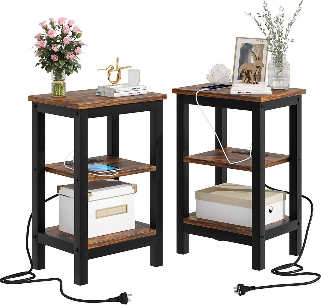 VECELO Modern Nightstands with Charging Station,Side End Table Night Stand with Storage Shelf for Small Spaces, Bedroom,Living Room (Set of 2, Brown)