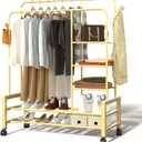 YLGJ& TIDY Expanded Capacity Clothes Rack, Clothing Racks for Hanging Clothes with Double Rods, More Storage Shelves and Hooks, Rolling Rack for Clothes, Heavy Duty Garment Rack Golden (YLYMJG01)