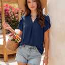EVALESS Women's Dressy Casual Business Work Chiffon Blouses Tops Summer V Neck Cute Loose Petal Short Sleeve T-Shirts (Blue, L)