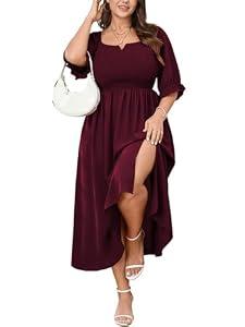 SCOMCHIC Womens Plus Size Maxi Dress Short Sleeve Square Neck Smocked Wedding Guest Flowy Split Dresses with Pockets Burgundy, Size: 2X-Large Plus
