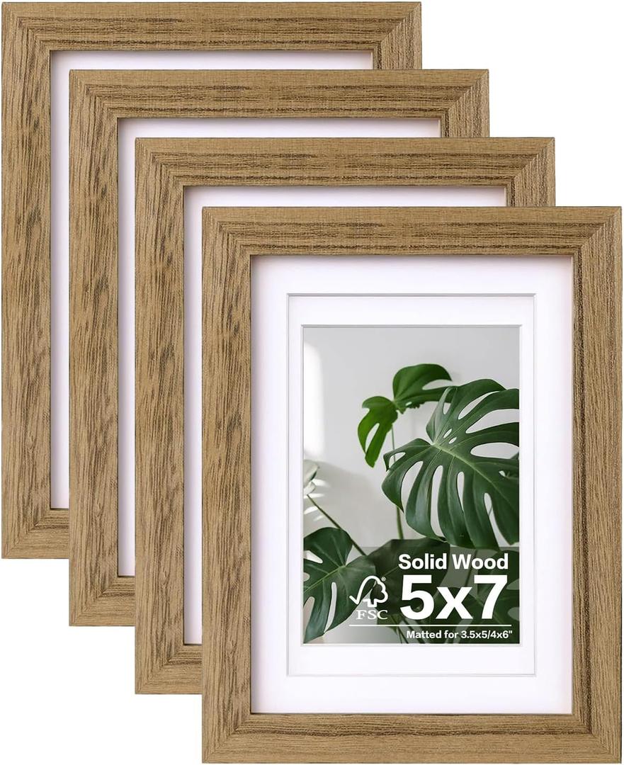 Egofine 5x7 Picture Frames with Plexiglass, Display Pictures 3.5x5/4x6 with Mat or 5x7 Without Mat Set of 4 for Tabletop and Wall Mounting, Carbonized Brown