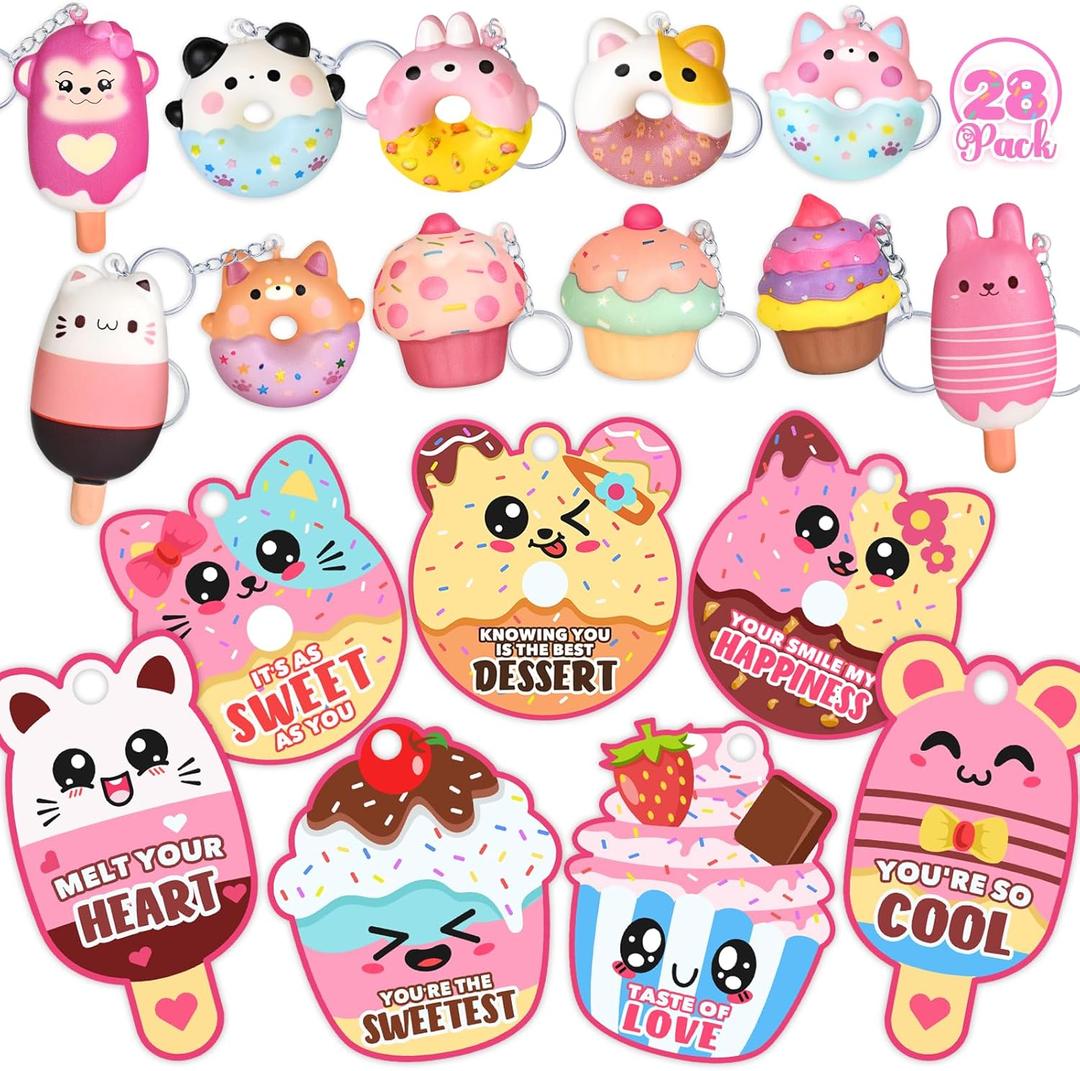 Toidgy 28 Pack Valentines Day Gifts for Kids, Valentines Cards for Kids Classroom Exchange Gift with Dessert Squishy Toys Keychains, Valentines Party Favors and Prizes for Boys Girls