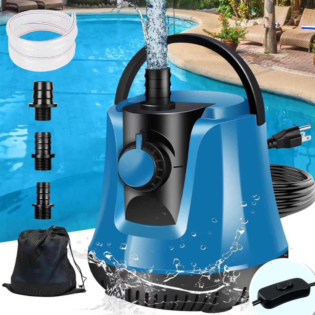 Submersible Water Pump, With Switch Adjustable Flow Sump Pump, Electric Portable Water Removal Pumps for Pool Draining, Pool Cover Pump Above Ground with 10ft Drainage Hose, 3 Adapters, 950GPH Blue