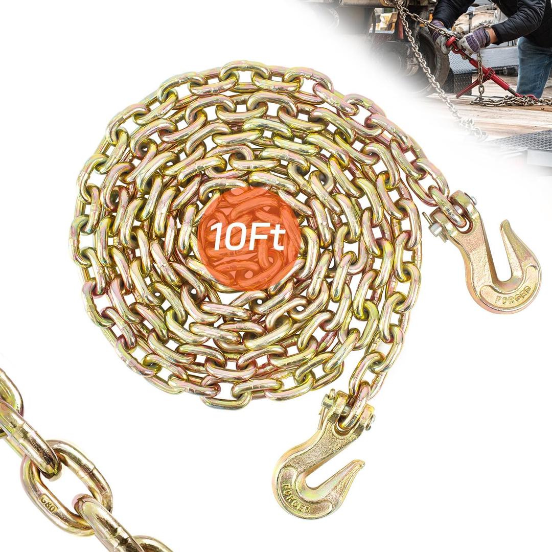 Transport Binder Chain 5/16" x 10 FT, Heavy Duty G80 Tow Chain with Clevis Grab Hooks, 4,900 lbs Working Load Limit, Ideal for Lifting, Logging, Towing, Tie-Down, and Load Binding Applications