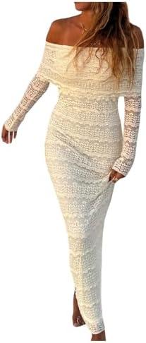 Floerns Women's Sexy Off The Shoulder Maxi Dress Lace Long Sleeve Bodycon Wedding Mesh Dresses Size XS