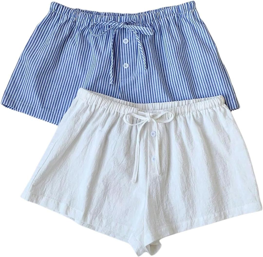 MakeMeChic Women's 2 Pack Linen Shorts Striped Gingham Summer Beach Pajama Boxer Shorts (Blue, L)