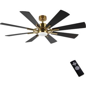 WINGBO 72" DC Ceiling Fan with Lights and Remote, Gold and Black, 3 Downrods, 8 Plywood Blades, 6-Speed Reversible DC Motor, Modern Indoor Fan for Kitchen, Bedroom, Living Room