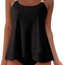 SUUKSESS Women Ruffle High Waisted Tankini Swimsuit Tummy Control Bathing Suit (Large, 80 Black)