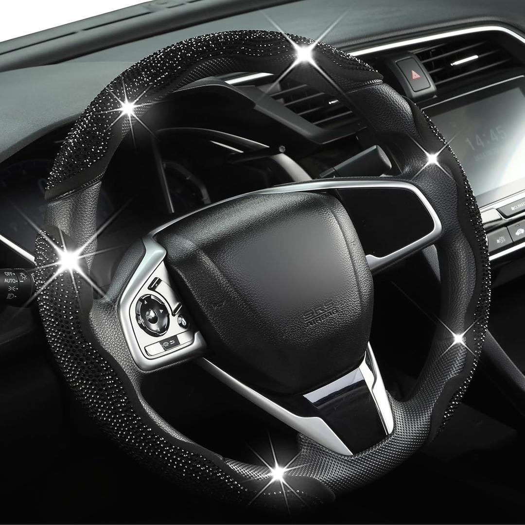 West Llama Diamond Bling Car Steering Wheel Cover with Crystal Rhinestones,3PCS Segmented Steering Wheel Protector,Universal for 99% Cars for Women(Black with Black Diamond)