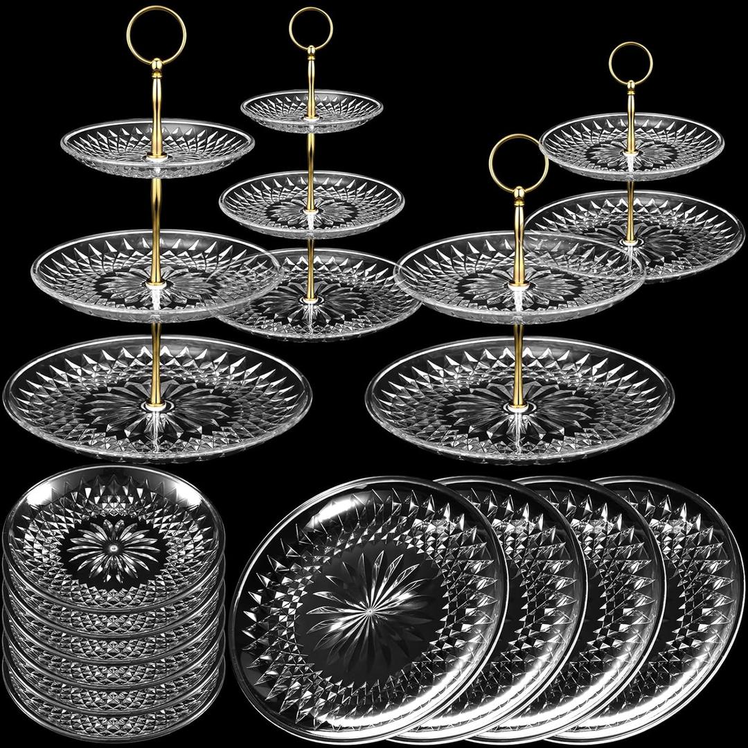 14 Pieces Tiered Cupcake Stand Set Gold 2-Tier 3-Tier Serving Stand Tower Tray with Round Rectangle Food Serving Trays Long Slim Dessert Stand for Party Wedding(Clear)