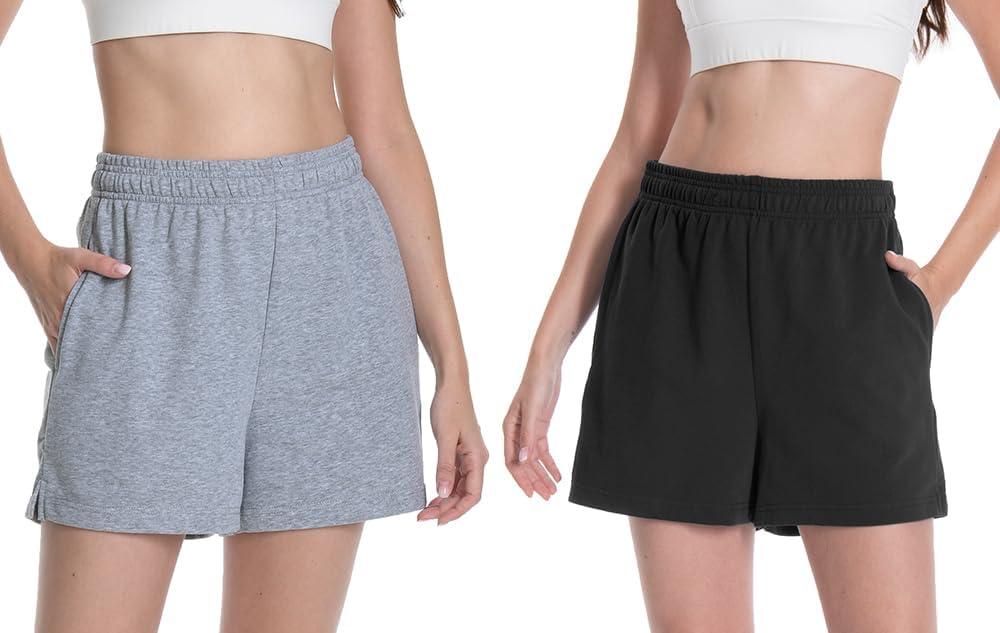 Women's Sweat Shorts Comfy Lounge Running Shorts Gym Summer Casual High Waisted Athletic Shorts with Pockets 2Pcs Black Gray L
