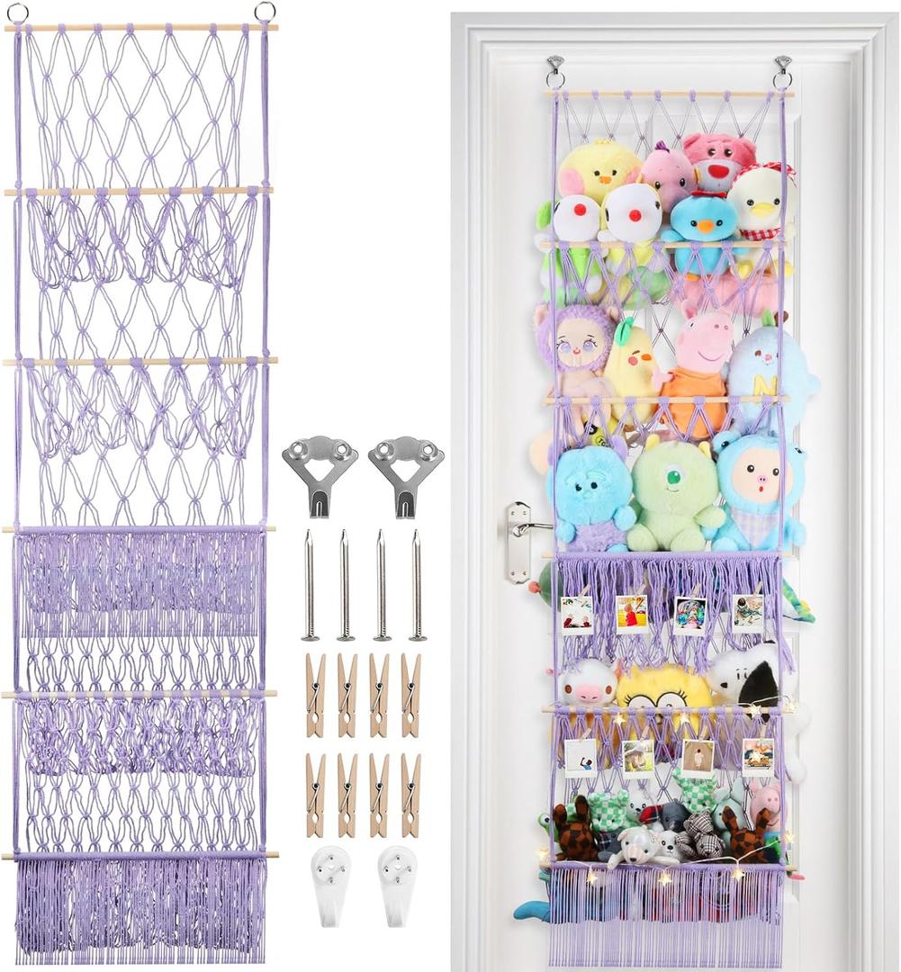 5 Tier Stuffed Animal Storage Shelf Net, 17x61 Inch Large Plushie Net w/LED Light & Clips for Mini Medium Stuffy Teddy, Purple Boho Macrame Wall Toy Holder Display for Nursery Kids Girls Boys