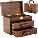 Weysat 11 Inch Mini Wooden Tool Box with 2 Drawers and Top Storage, Portable Small Tool Chest with PVC Liners, Mini Tool Storage Box Organizer Makeup Box with Metal Latch Closure