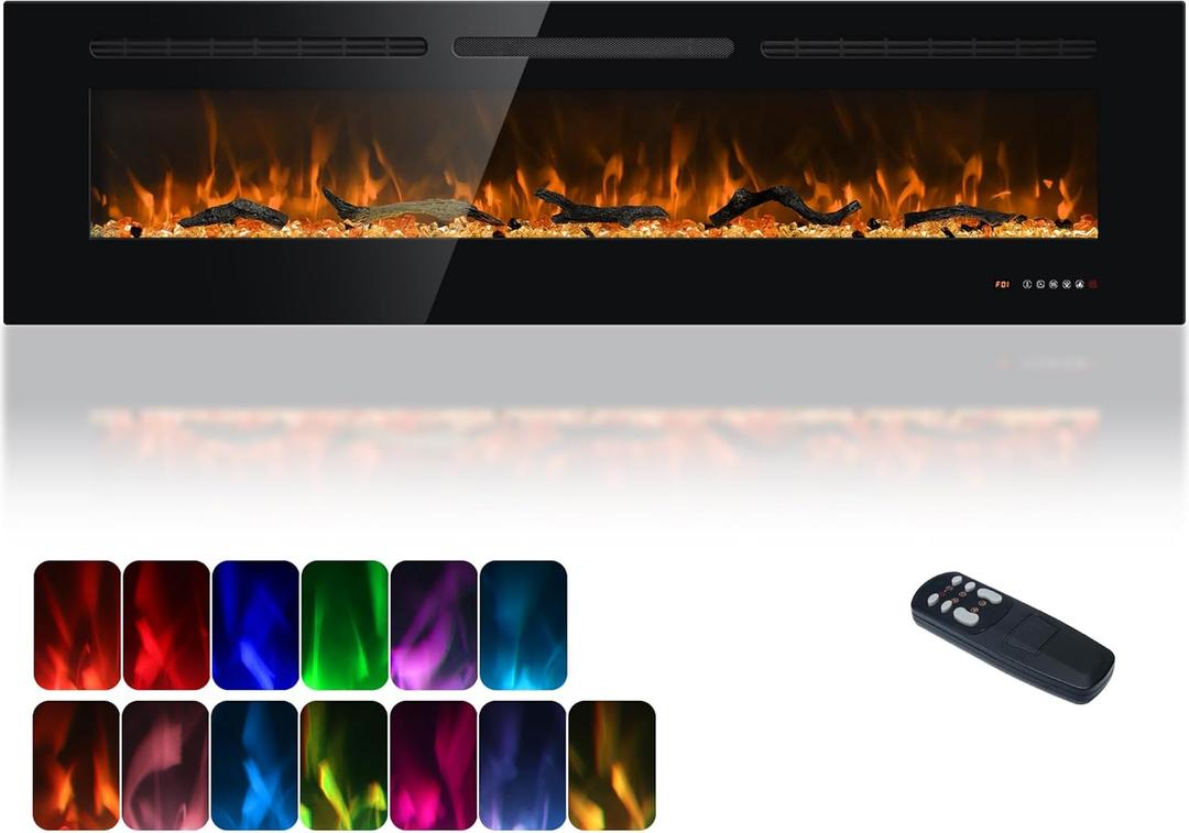 Carsynflame Electric Fireplace 65 in, Wall Mounted & Recessed Electric Fireplace Inserts, Remote & Touch Screen Control, 169 Flame Color Combinations, Timer& Thermostat Fireplace Heater, 1500W, Black
