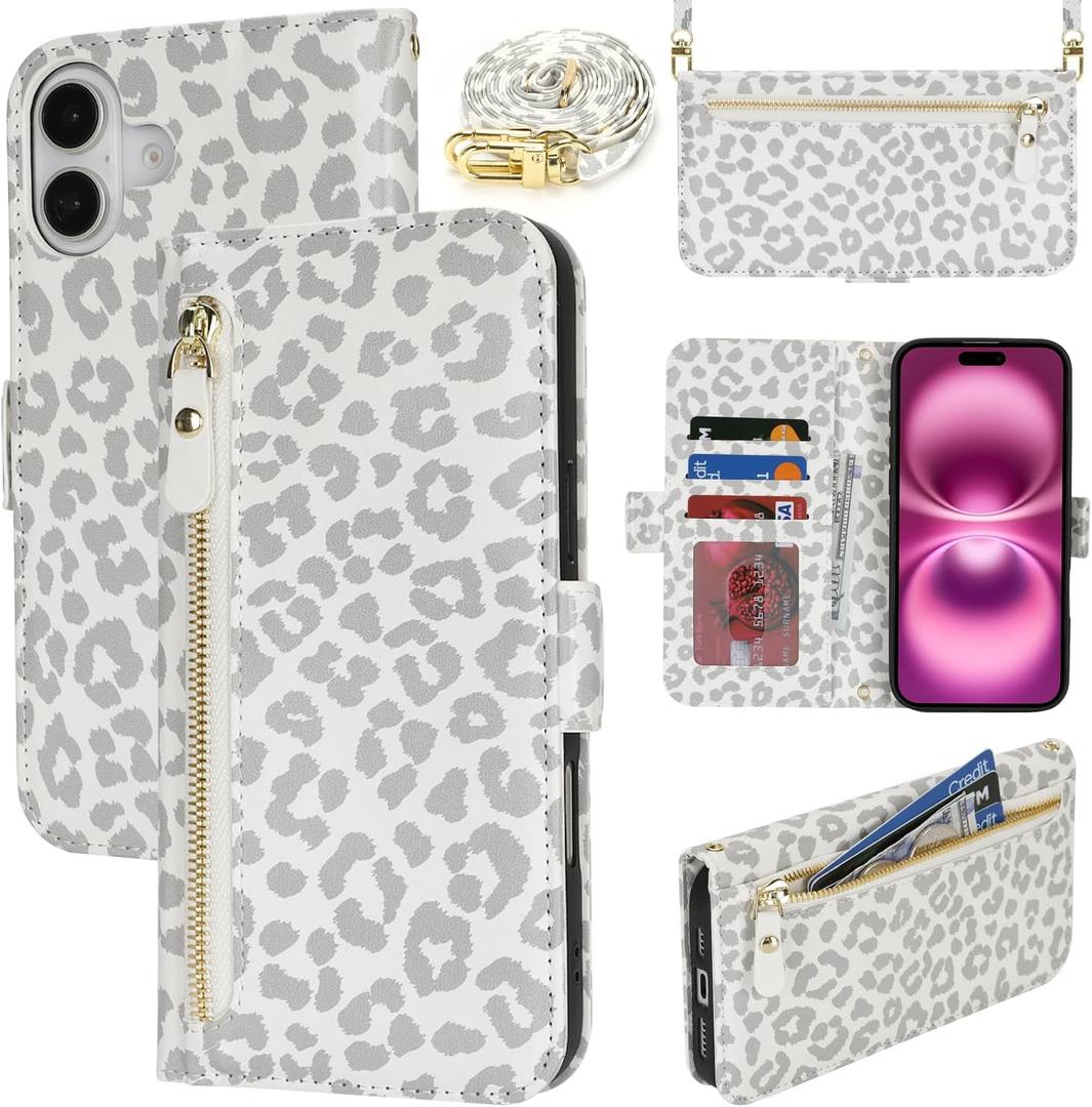for iPhone 16 Plus Wallet Case for Women,Zipper Pocket,PU Leather Phone Case Stand flip Cover Crossbody Lanyard Strap Zipper Credit Card Holder Slots for Apple 16 Plus,White Leopard