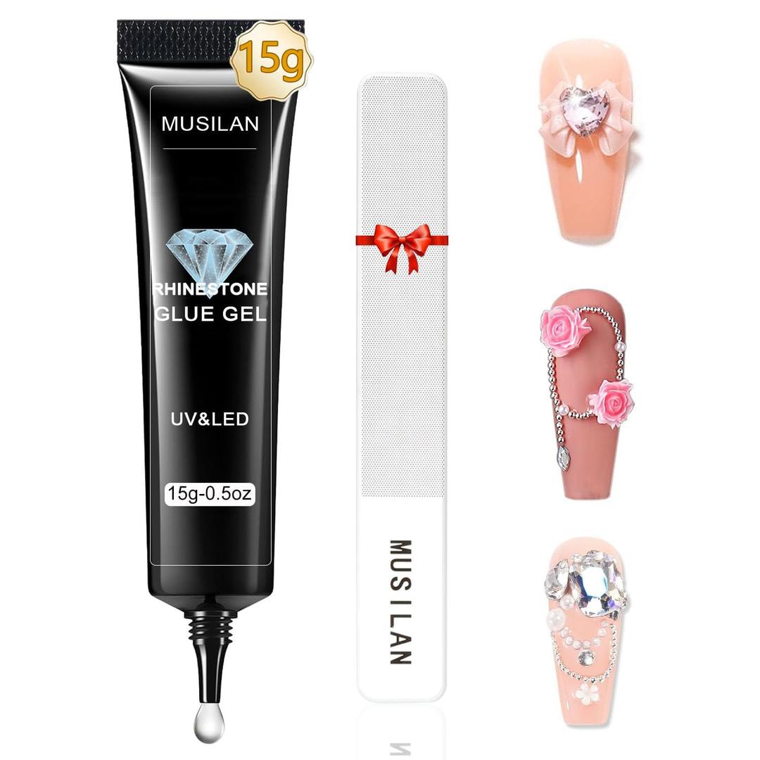 MUSILAN Nail Rhinestone Glue,Super Strong Rhinestones Gel Nail Glue for 3D Nails Beads, Stickers Stones Crystals Diamond Art Jewels 3D Decorations Tools, Cured Need