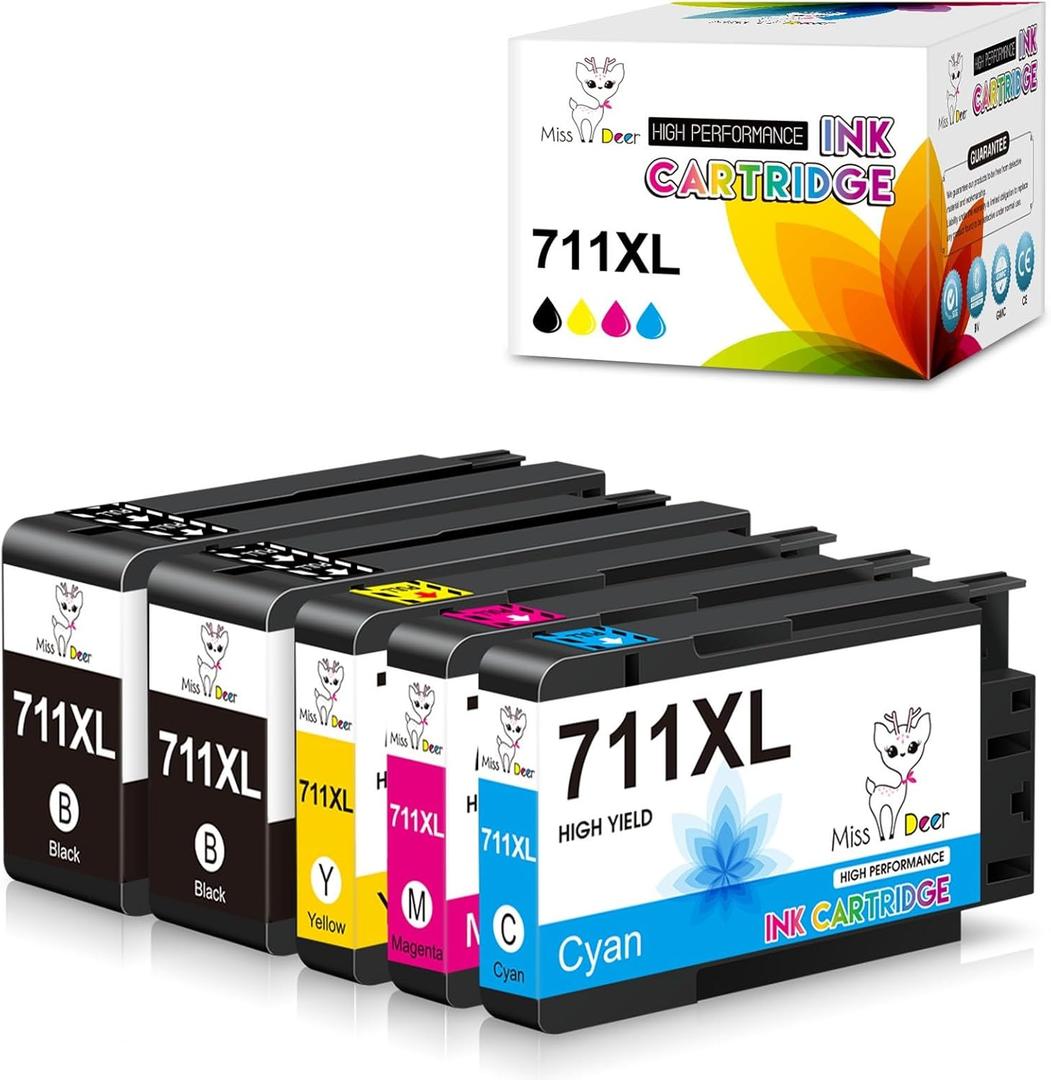 Miss Deer 711XL Ink Cartridges Combo Pack Replacement for 711 711XL Ink Cartridges,Work with DesignJet T120 T525 T520 T130 T125 T100 Printer (5 Packs)