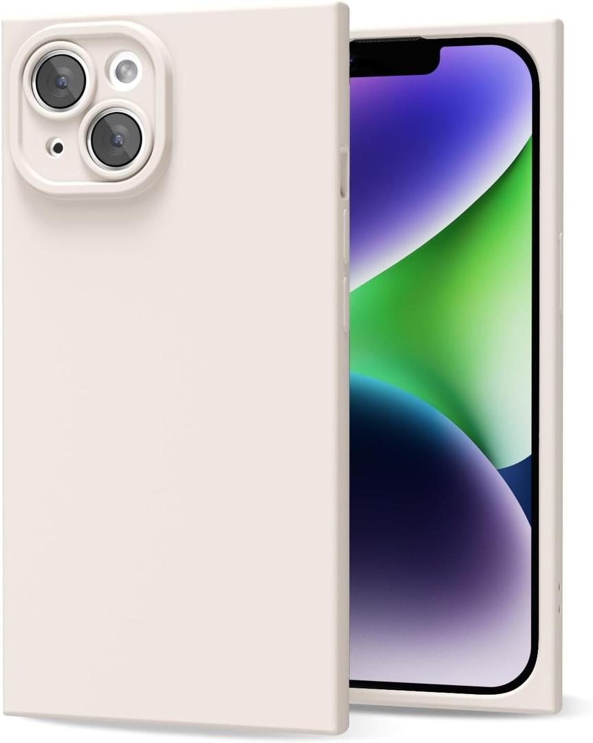oakxco for iPhone 14 Case Silicone Rectangle Edge Corner, Y2k Soft Rubber Gel Cute Phone Case for Women, Girly Aesthetic Trendy Unique Design with Camera Cover, Beige Stone