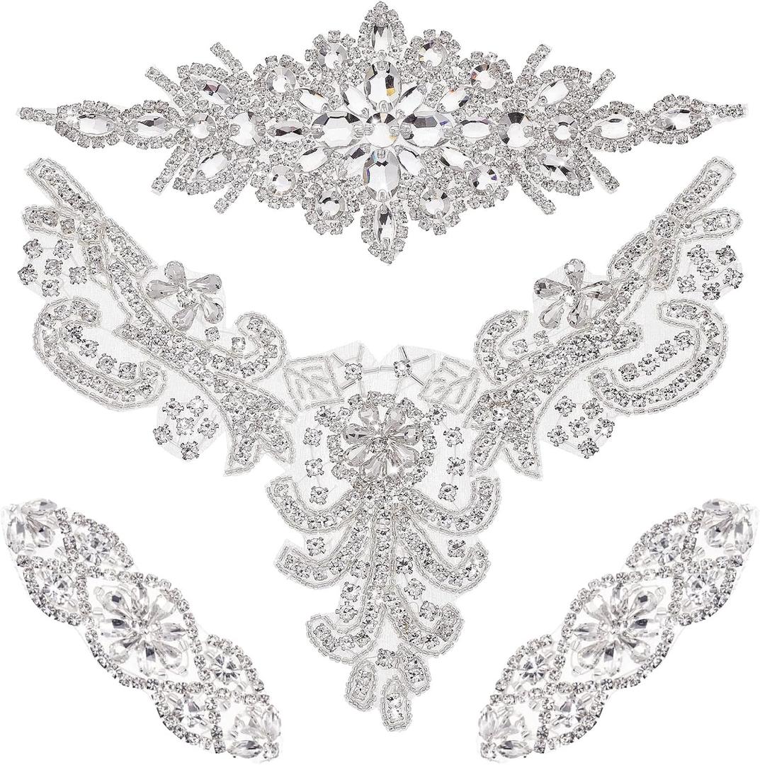 Geosar 4 Pieces Rhinestone Belt Applique Silver Wedding Crystal Rhinestone Trim Bridal Sequin Sash Applique Iron on Patch for DIY Crafting Women Prom Clothes Wedding Dress Decoration Headpieces