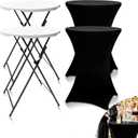 2 Sets 32in Round Folding Cocktail Tables with Spandex Stretch Table Covers for Indoor Outdoor Use Portable Ideal for Parties Events Dining and Gatherings (White Set+2BKcloth)