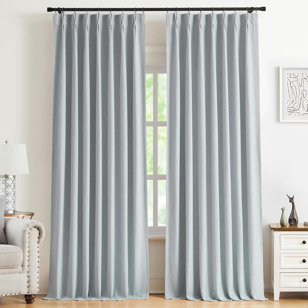Kayne Studio Blue Fog Pinch Pleated Full Blackout Curtains, Linen Blend Room Darkening Thermal Insulated Soundproof Drapes, 108 Inch Back Tab Window Curtains for Living Room Bedroom(2 Panels,40"x108")
