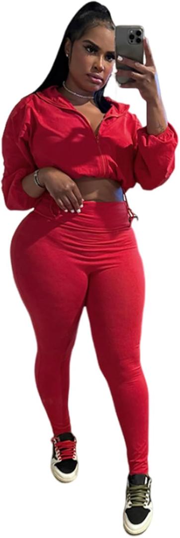 Uni Clau Women 2 Piece Outfits Tracksuit Drawstring Long Sleeve Zip Up Crop Jacket with Bodycon Pant Set Sweatsuit Clothes (Large, Red)