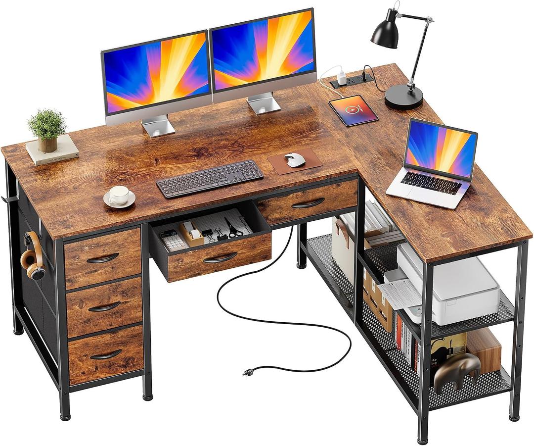 PRAISUN 47 Inch L Shaped Desk with Power Outlets, 5 Fabric Drawers