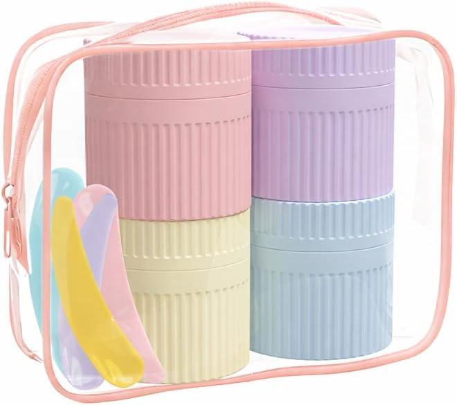 Reusable Travel Cream Jars 50 mL, TSA Approved Leak-Proof Cosmetic Containers with Spatula, BPA-Free Silicone Face Cream, Serum & Lotion Travel Size Set (4 Pack + Clear Pouch)
