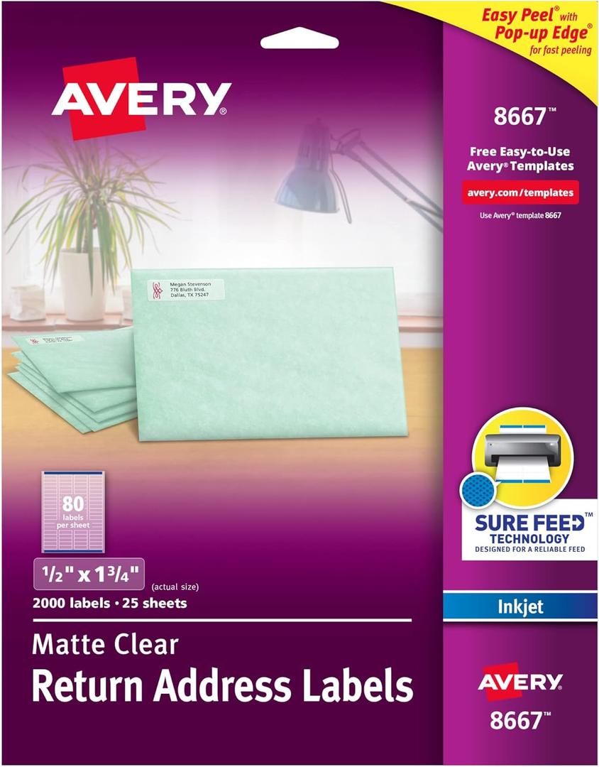 Avery Printable Return Address Labels, 0.5" x 1.75", Matte Clear, 2,000 Blank Mailing Labels (08667)