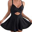 B2prity Women Cutout One Piece Skirt Swimsuit V Neck Wrap Tie Back Swimdress Tummy Control Bathing Suit(Black) 5XL