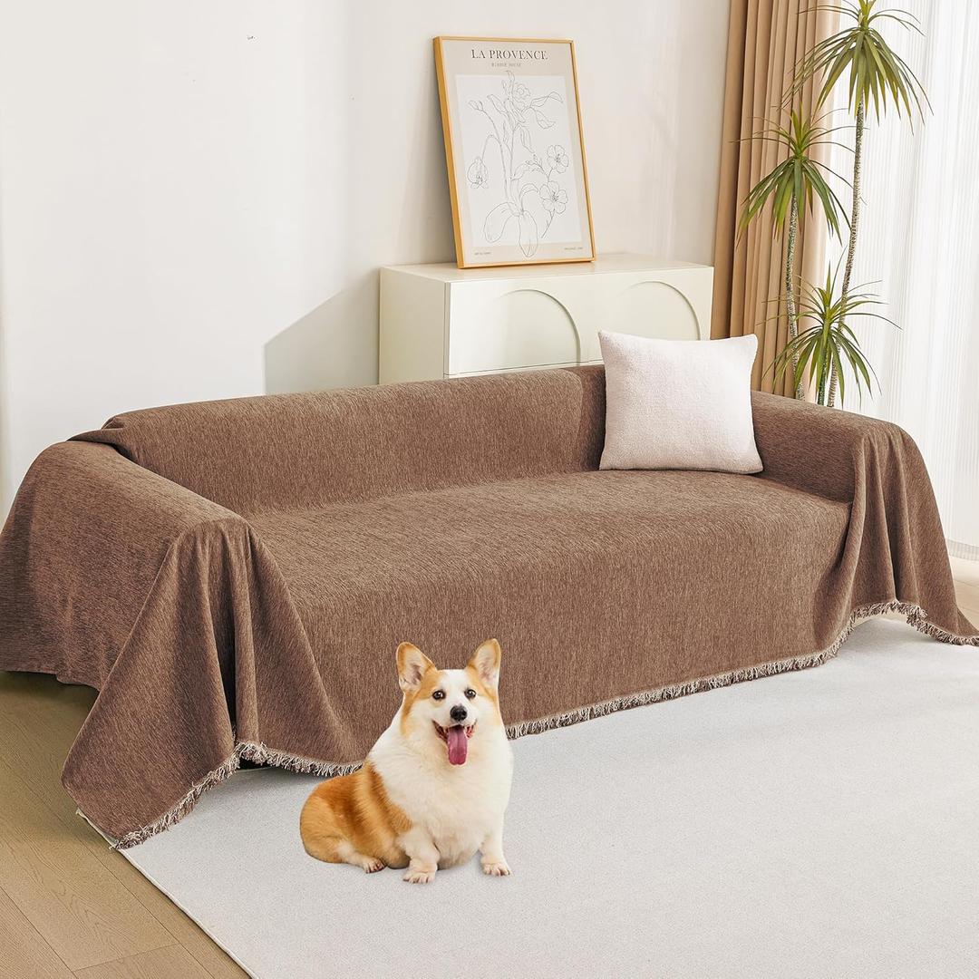 MYSKY HOME Couch Covers for 2 Cushion Couch Sectional Sofa, L Shape Sofa Protector Camel Chenille Couch Cover, Sofa Covers Washable Blanket with Tassel Pet Couch Cushion Cover, 71"X102" (Pack of 2)