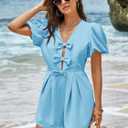 Cicy Bell Womens Cute Rompers Bow Front Puff Sleeve V Neck Short Jumpsuits Sexy Summer Outfits with Pockets (Blue, M)