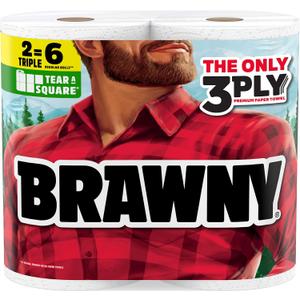 Brawny Tear-A-Square 3-Ply Paper Towels, 2 Triple Rolls = 6 Regular Rolls, Strong, Absorbent, and Durable with 3 Sheet Sizes (Quarter, Half, Full)