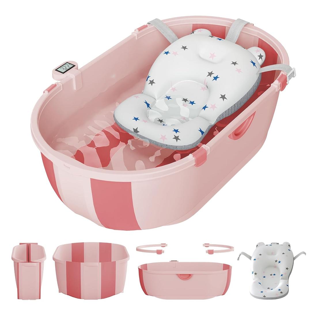 Collapsible Baby Bathtub for Infants to Toddlers with Soft Bath Cushion Foldable Baby Bath Tub with Thermometer and Drain Outlet, Baby Tub for Toddlers 0-6 Years Boys and Girls (Pink)