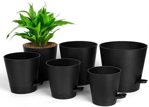 YOPIKUU Plant Pots 8/7/6.5/6/ 5.5/5 Inch Self Watering Planters,6 Pack Flower Pots Planters with Deep Reservior and High Drainage Holes for Indoor Outdoor Plants,Succulents, African Violet (Black)