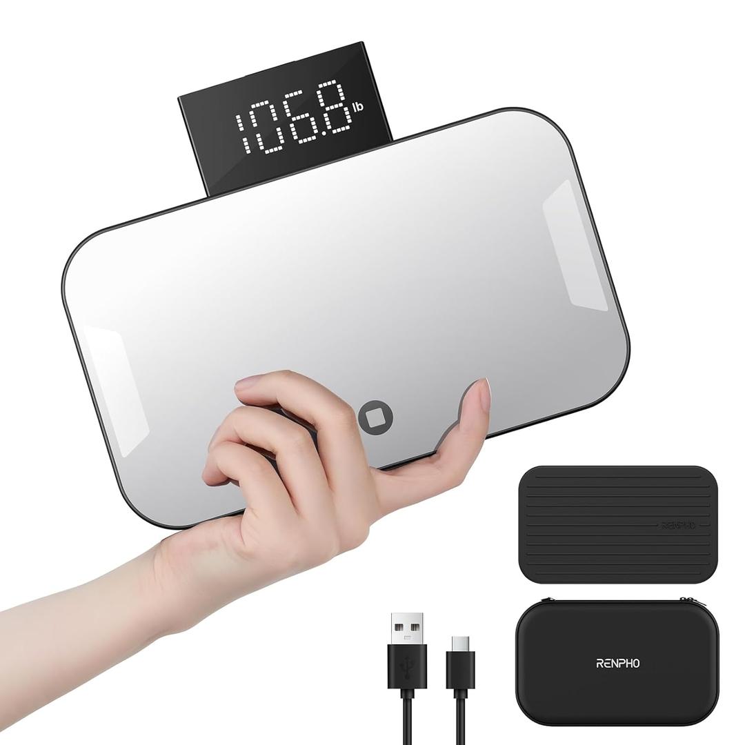 RENPHO Portable Rechargeable Scale for Body Weight, Travel Weight Scale with Travel Makeup Mirror, Slide-Out LED Display, Digital High Accurate Scale for Traveling, 400lbs, Core Go, 8.98" x 5.28"